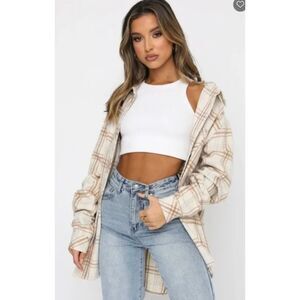 White Fox Keep On Waiting Cream Gray Plaid Cotton Button Relaxed Soft Shirt M/L